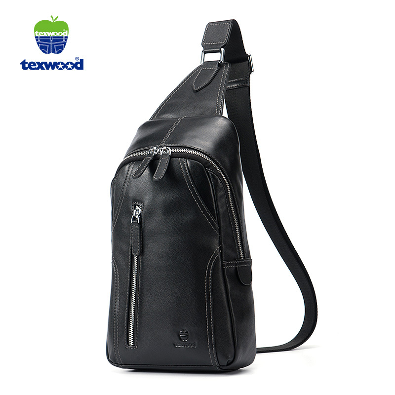 TEXWOOD香港萍果时尚简约男士胸包头层牛皮单肩斜挎包休闲运动真皮男包腰包 BP6L0051-01