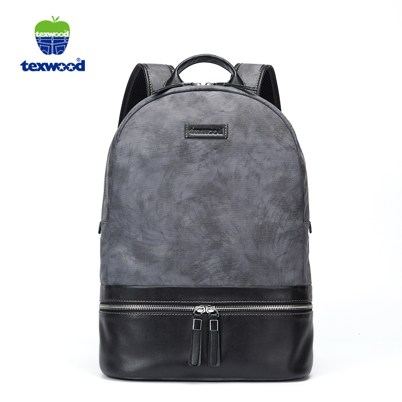 TEXWOOD香港萍果布配皮时尚拼接大容量男双肩包 灰色
