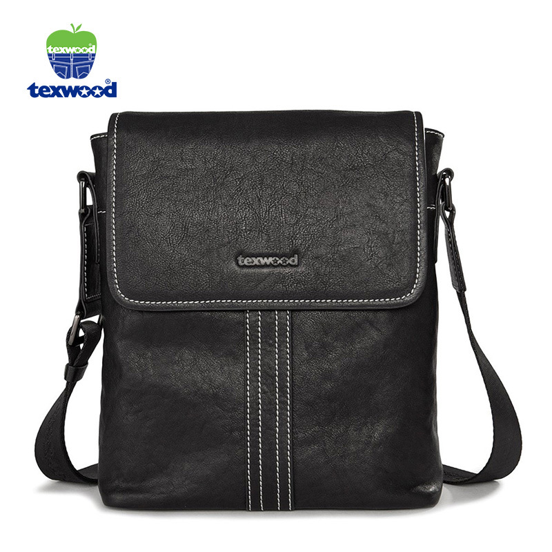 Texwood 真皮男包单肩包男士包包头层牛皮斜挎包竖款皮包商务休闲斜跨背包BG7J0061-01