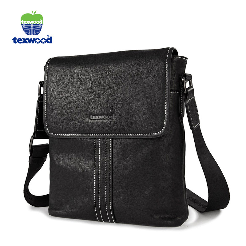 Texwood 真皮男包单肩包男士包包头层牛皮斜挎包竖款皮包商务休闲斜跨背包BG7J0061-01