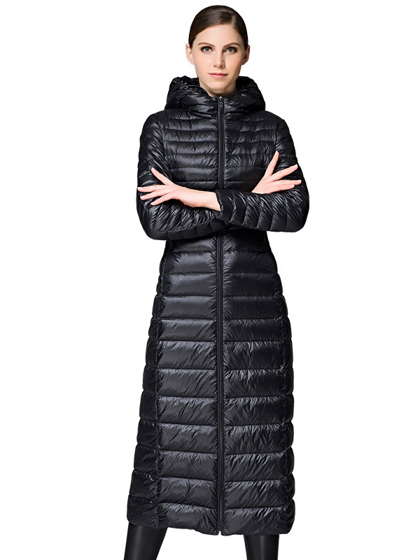 大羽品牌欧洲站羽绒服女长款过膝修身超轻加长超长羽绒衣连帽9723