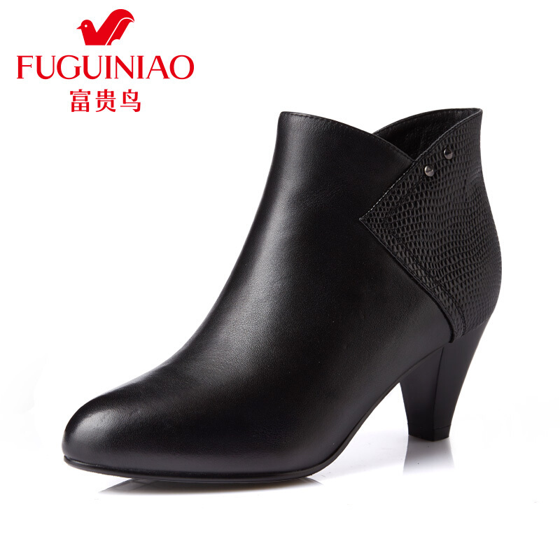 富贵鸟（FUGUINIAO）创意压纹粗跟拉链头层牛皮女靴