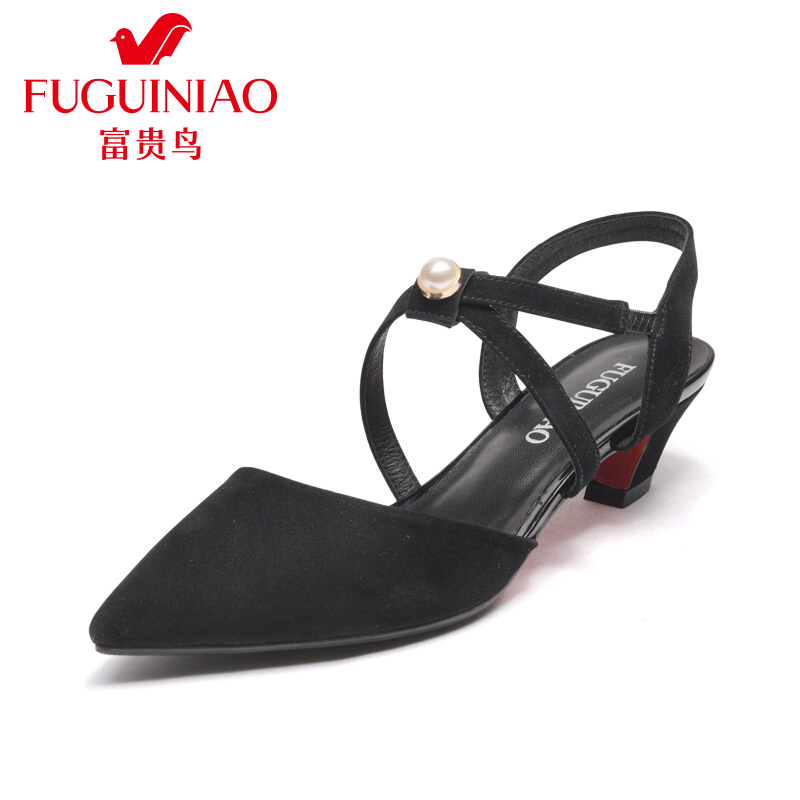 富贵鸟(FUGUINIAO)2018春绒面尖头粗高跟女皮凉鞋简约百搭鞋子