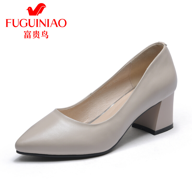 富贵鸟（FUGUINIAO）18年真皮工作鞋女黑色平底空姐鞋软底尖头皮鞋工鞋浅口单鞋