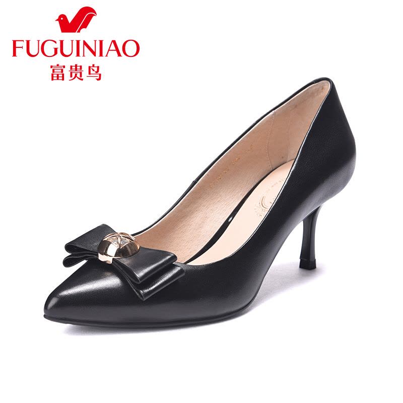 富贵鸟（FUGUINIAO）单鞋头层羊皮立体蝴蝶结高跟女鞋图片
