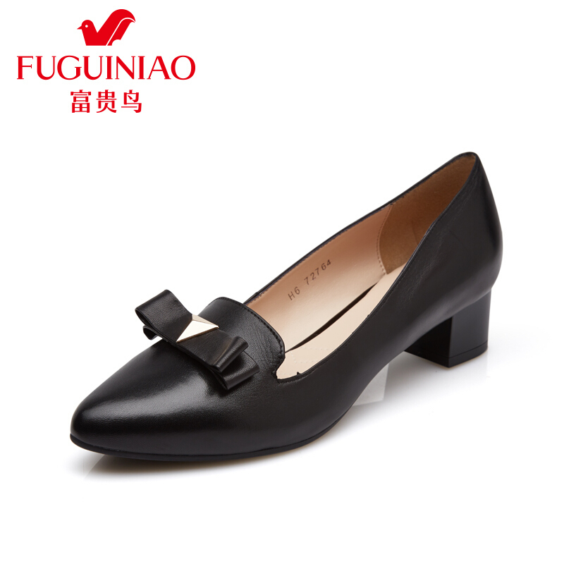 富贵鸟（FUGUINIAO）头层羊皮蝴蝶结装饰橡胶粗跟女鞋女单鞋