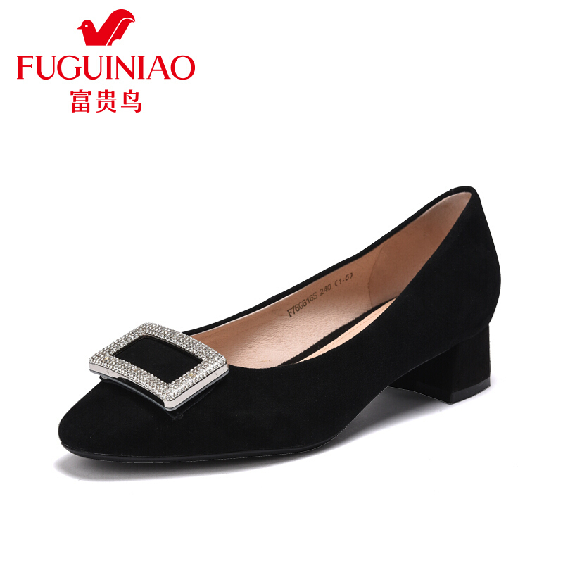 富贵鸟（FUGUINIAO）女鞋方扣单鞋反绒皮粗跟尖头鞋