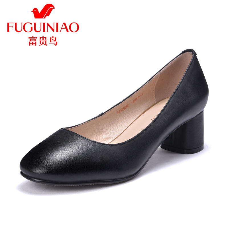 富贵鸟（FUGUINIAO）女鞋粗跟单鞋女中跟方头鞋黑色皮鞋