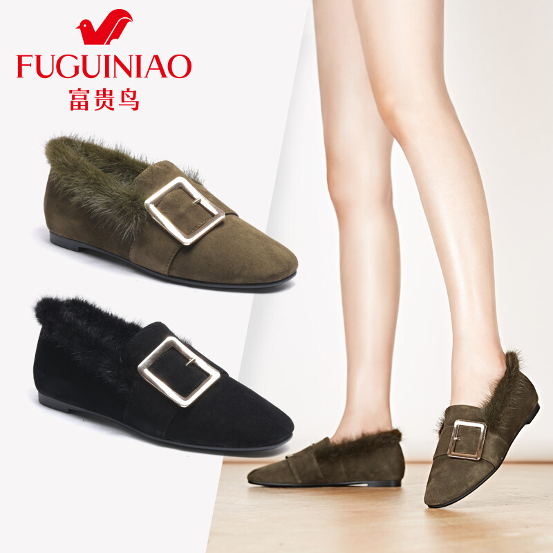富贵鸟（FUGUINIAO）女鞋羊皮绒面加绒平底鞋内增高百搭毛毛鞋