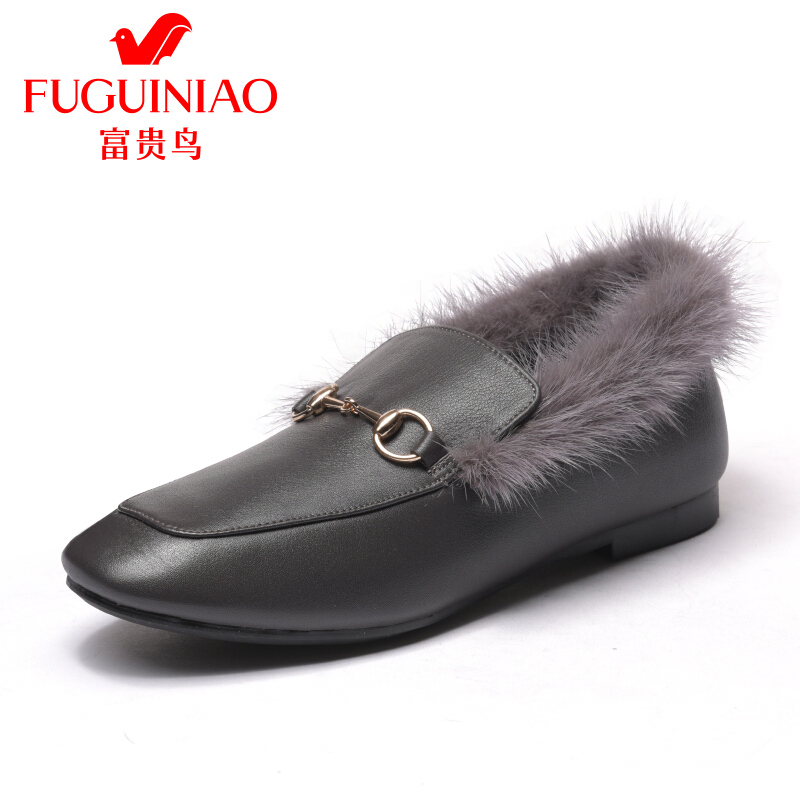 富贵鸟（FUGUINIAO）女鞋马衔扣加绒女平底鞋欧美百搭女毛毛鞋