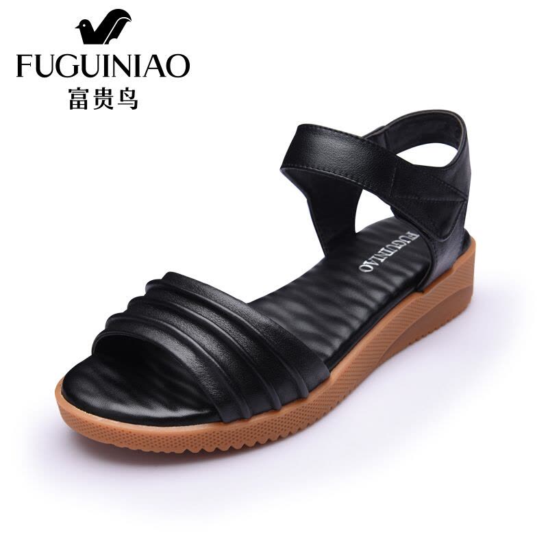 富贵鸟（FUGUINIAO）妈妈鞋坡跟凉鞋中跟中老年凉鞋女头层牛皮女鞋图片