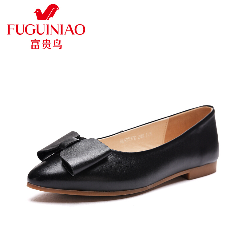 富贵鸟（FUGUINIAO）时尚头层牛皮尖头平跟蝴蝶结女单鞋女鞋