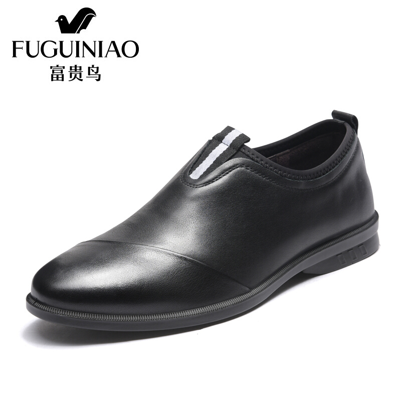 富贵鸟（FUGUINIAO）休闲男鞋18新品头层牛皮简约新潮休闲套脚皮鞋男鞋子黑色