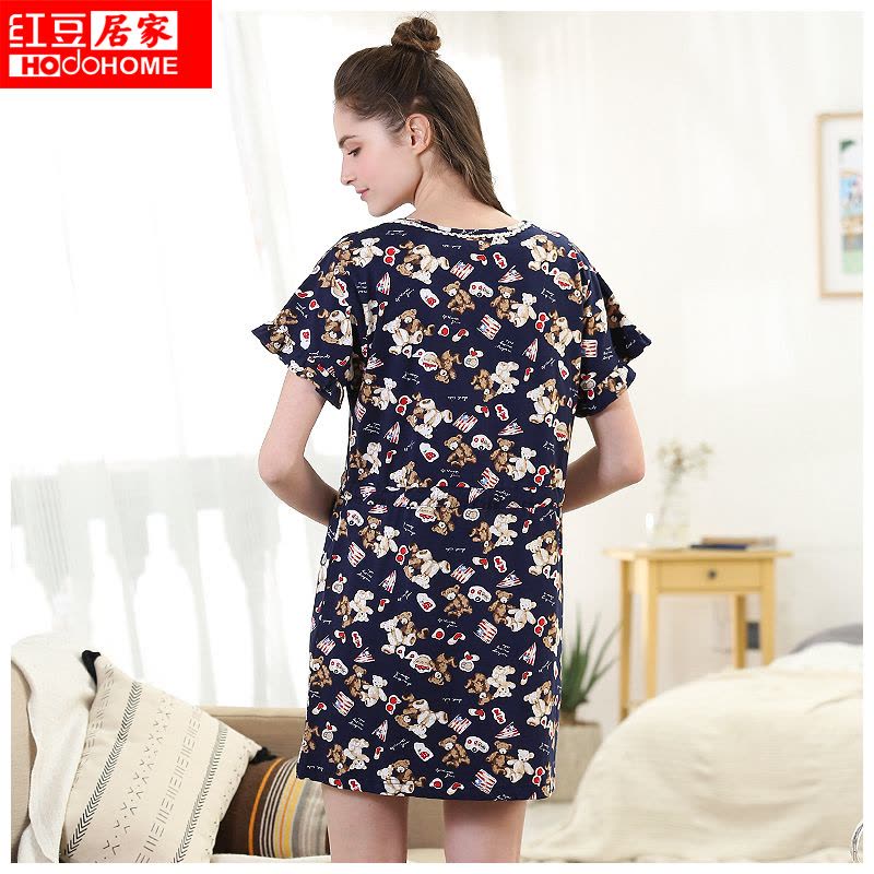 红豆居家服纯棉睡衣女卡通印花短袖休闲全棉睡裙家居服春夏图片