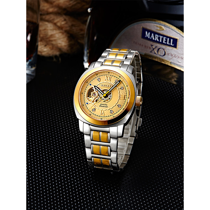 宾爵(begeel)手表 鎏金系列机械男士手表 双环爵士镂空真钻腕表镀金