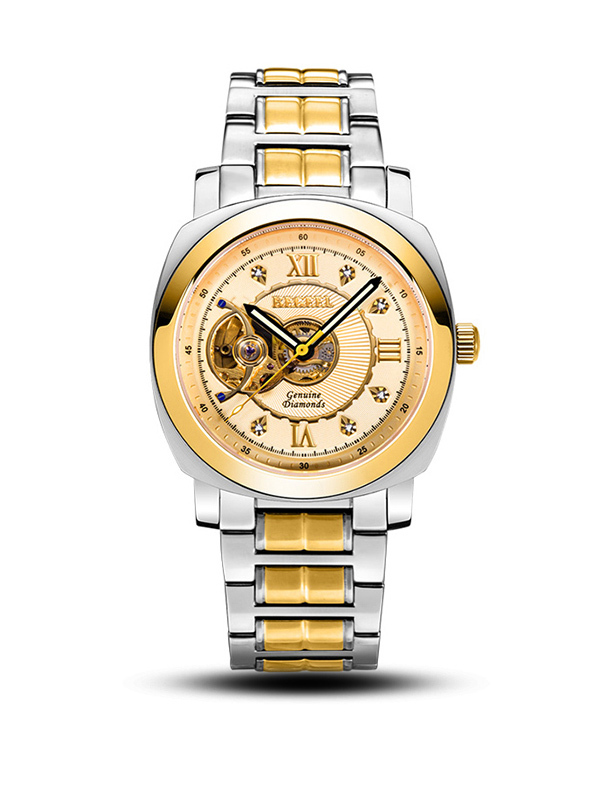 宾爵（BEGEEL）手表 鎏金系列机械男士手表 双环爵士镂空真钻腕表镀金防水镂空时尚镂空机械手表
