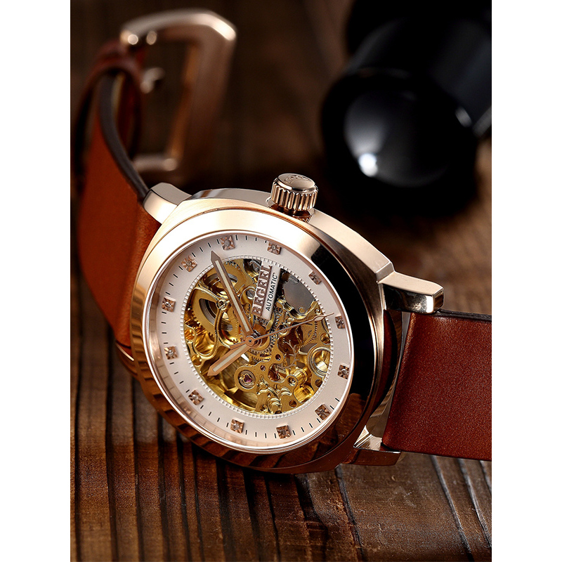 宾爵begeel手表鎏金系列机械男士手表真皮镀金天然真钻防水镂空自动