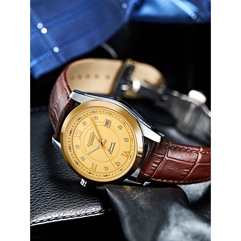 宾爵（BEGEEL）手表 鎏金系列机械男士手表 全自动机械表 真钻镀金日历真皮带商务休闲男士机械手表图片