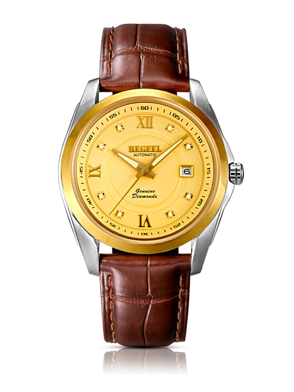 宾爵（BEGEEL）手表 鎏金系列机械男士手表 全自动机械表 真钻镀金日历真皮带商务休闲男士机械手表
