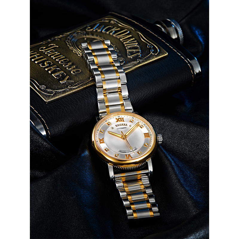 宾爵（BEGEEL）手表 鎏金系列机械男士手表 全自动机械表镀金镶钻防水蓝宝石镜面男表钢带正品男士手表