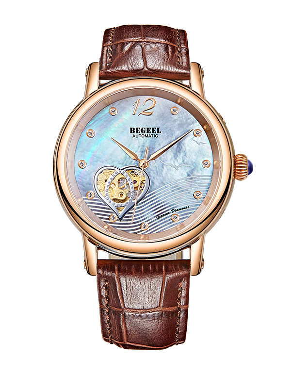 宾爵begeel手表迎新上市情人节限定幸运草玫瑰金真钻镂空防水全自动