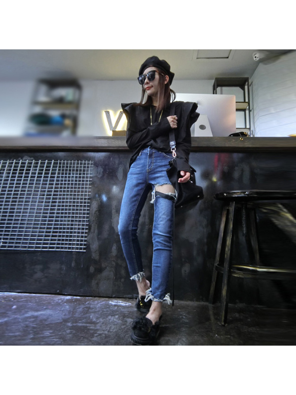 赛美意织带破洞毛边牛仔裤女 欧洲站2019秋冬季新品欧美弹力修身休闲小脚牛仔裤女S172h2837p2170