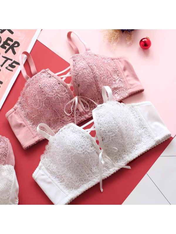 日系拉绳性感聚拢文胸套装绑带蕾丝学生内衣少女小胸加厚胸罩6062