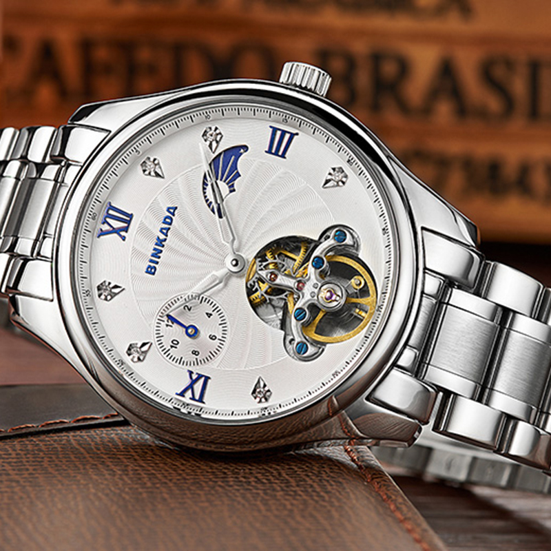 正品宾卡达binkada自动机械表男月相腕表时尚镂空防水手表男士8002l纯