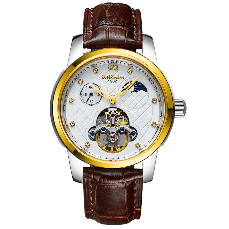 正品宾卡达binkada自动机械表男月相腕表时尚镂空防水手表男士8003