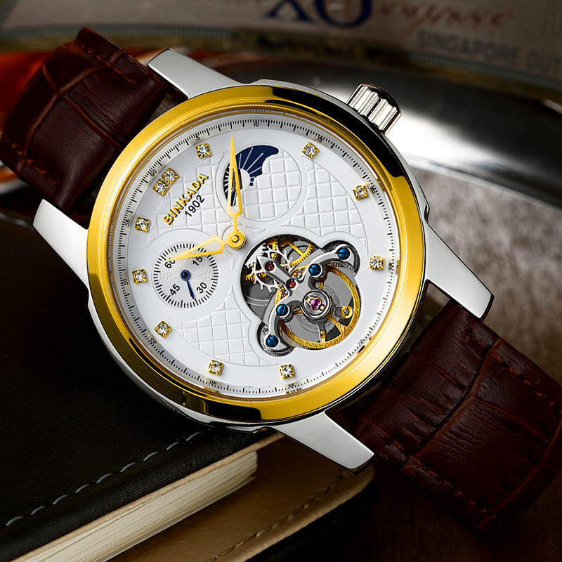 正品宾卡达binkada自动机械表男月相腕表时尚镂空防水手表男士8003