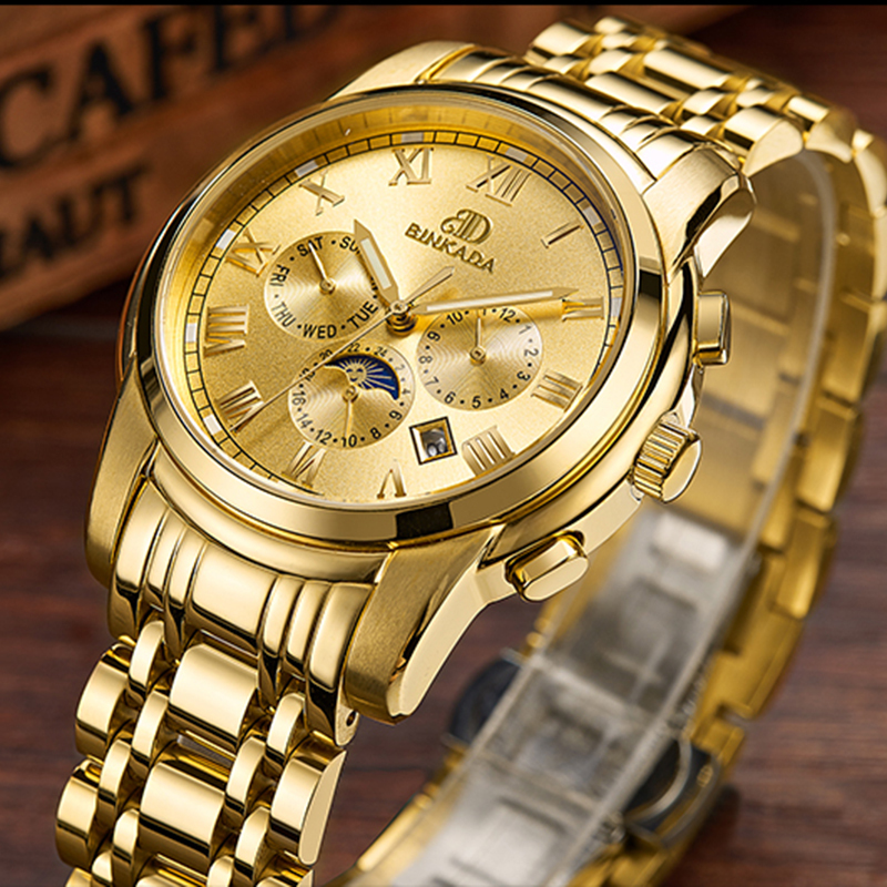 正品宾卡达binkada手表男时尚正装休闲男士自动机械表男表夜光镂空