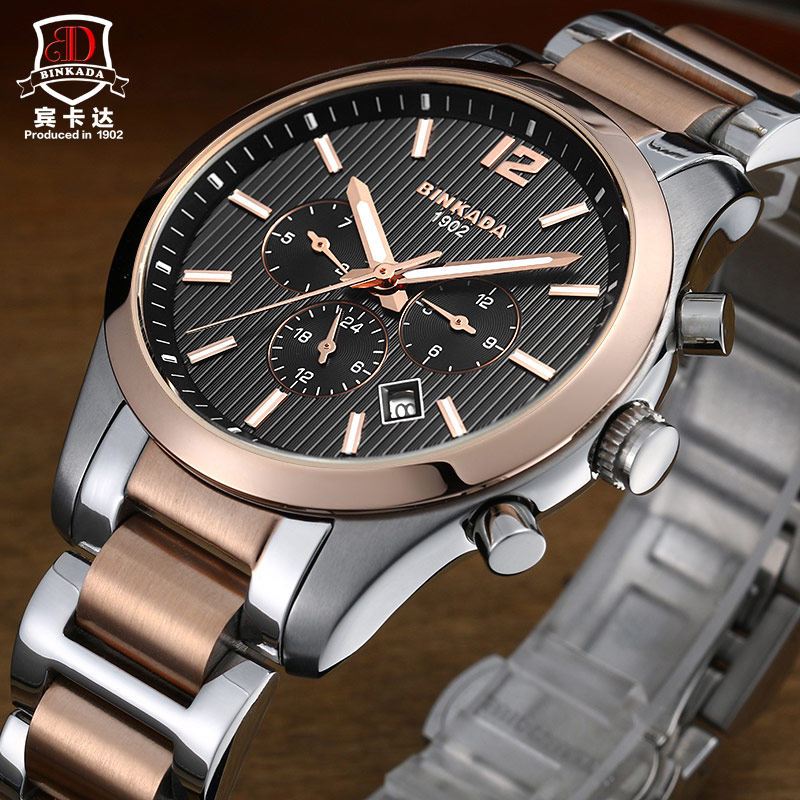 正品宾卡达binkada手表男士防水休闲自动机械表男三眼六针赛车时尚