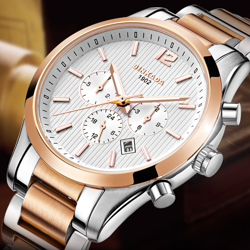 正品宾卡达binkada手表男士防水休闲自动机械表男三眼六针赛车时尚男