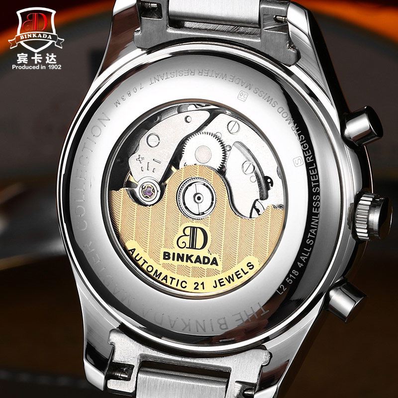 正品宾卡达binkada手表男士防水休闲自动机械表男三眼六针赛车时尚男