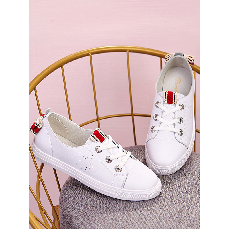 卡芙琳CL18018-02板鞋女2018春季新品韩版平底运动鞋防滑耐磨休闲鞋蝴蝶结织带小白鞋