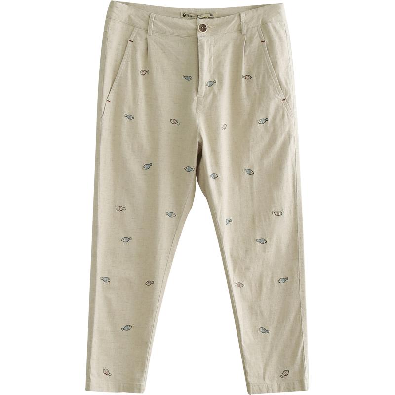 夏装女裤子七分裤显瘦麻料文艺刺绣亚麻哈伦裤休闲裤女628017