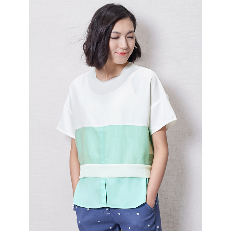 文艺宽松雪纺拼接欧根纱上衣夏装假两件短袖t恤女前短后长614128