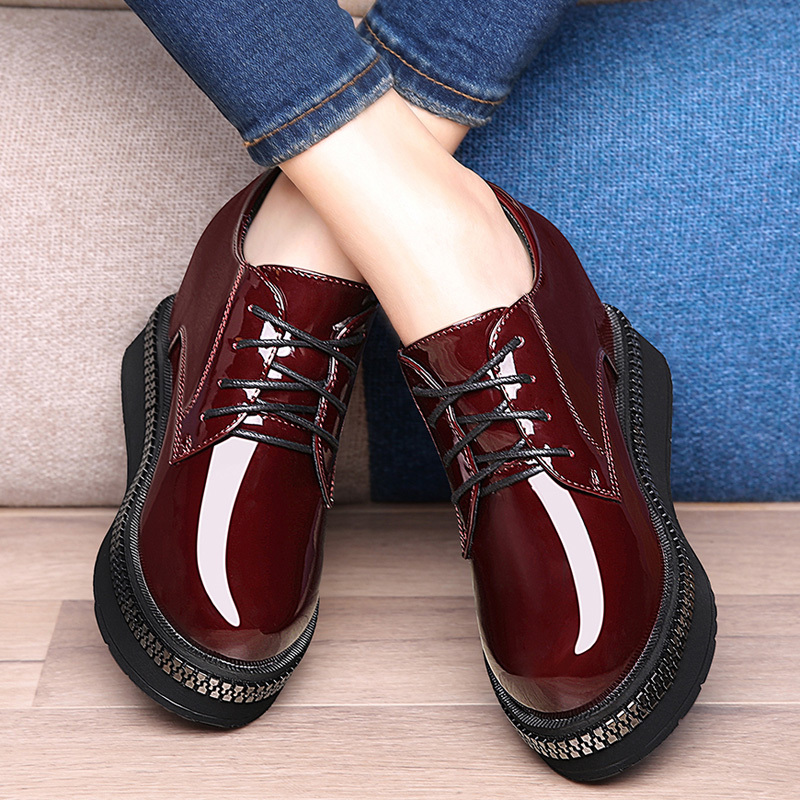 莱卡金顿松糕鞋2017春秋新款英伦漆皮厚底小皮鞋女士韩版百搭内增高