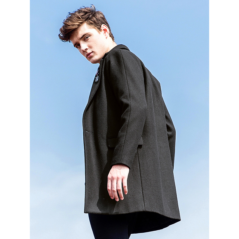 camel骆驼男装冬季新款男青年无弹西装领纯色插肩袖青年呢大衣