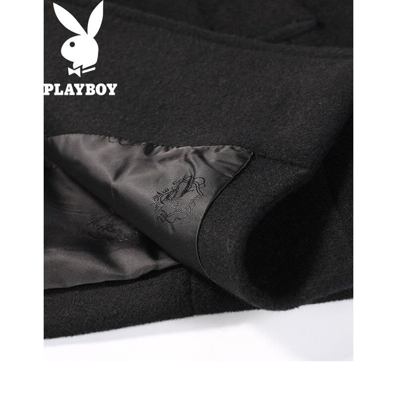 花花公子(PLAYBOY)毛呢大衣男冬季短款商务休闲羊毛修身黑色立领男装外套潮黑色图片