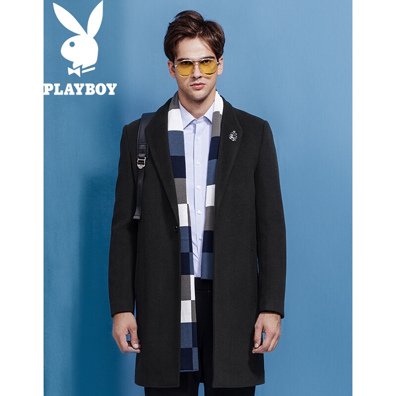 花花公子(PLAYBOY)男士外套毛呢大衣男2017冬季新款时尚韩版修身潮流上衣男军绿色