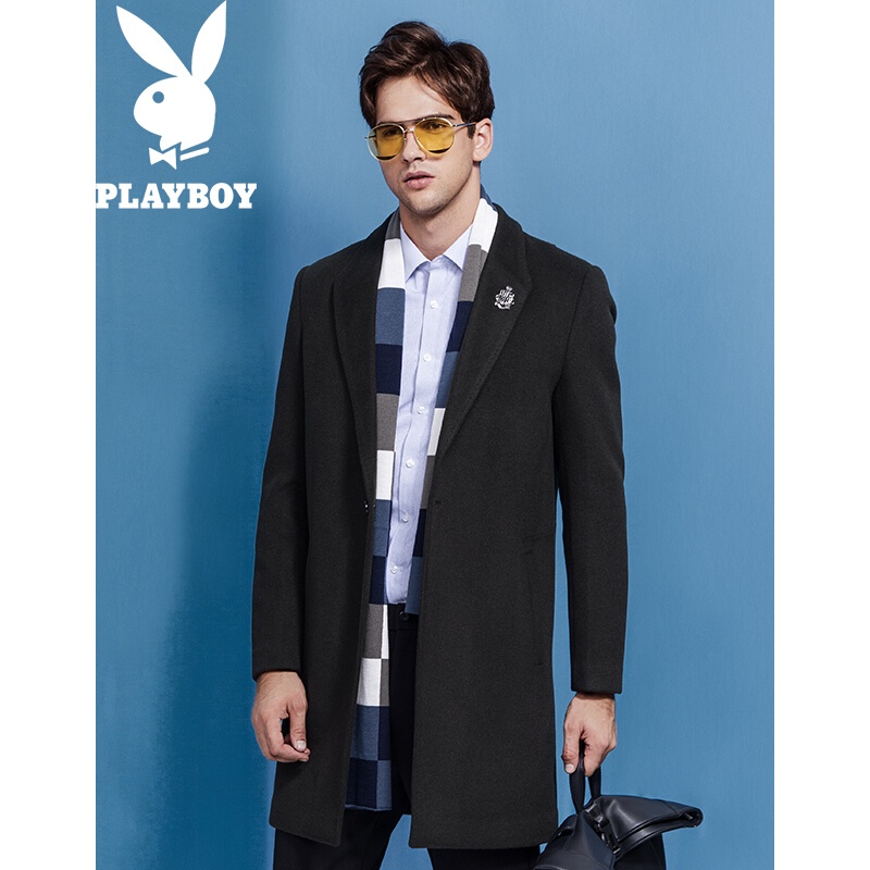 花花公子(PLAYBOY)男士外套毛呢大衣男2017冬季新款时尚韩版修身潮流上衣男军绿色