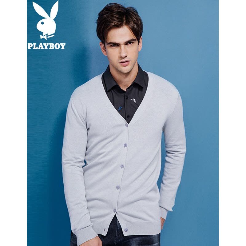 花花公子(PLAYBOY)针织衫男秋冬款男士商务休闲毛衣V领纯色简约开衫毛线衣图片