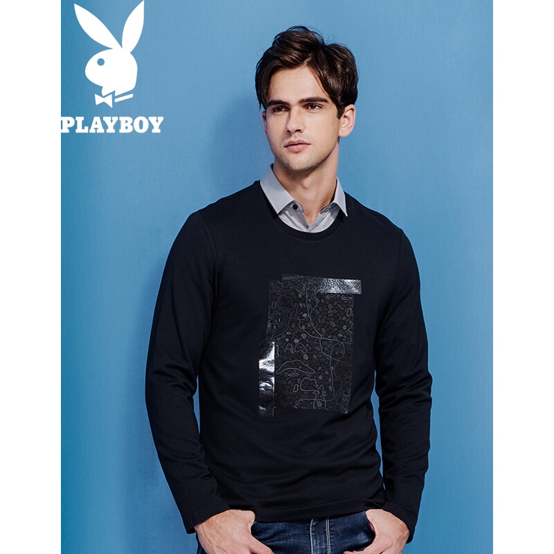 花花公子(PLAYBOY)花花公长袖T恤男印花个性黑色青年上衣休闲修身男士卫衣上装流行