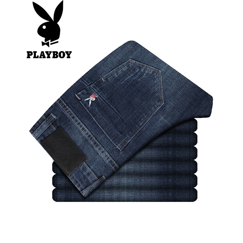 花花公子(PLAYBOY)牛仔裤男韩版潮流2017秋季新款休闲直筒修身青年男裤长裤蓝色
