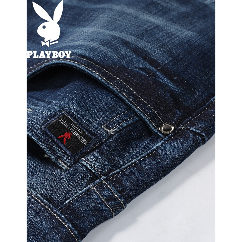 花花公子(PLAYBOY)牛仔裤男韩版潮流2017秋季新款休闲直筒修身青年男裤长裤蓝色