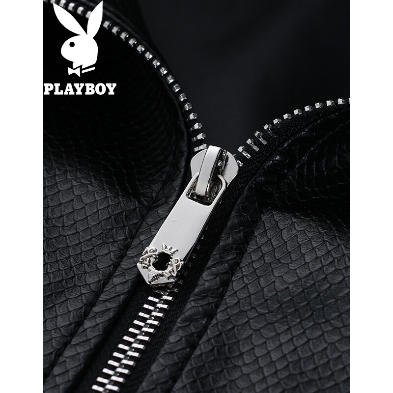花花公子(PLAYBOY)2017秋季新款男士韩版修身型男时尚男潮流帅气秋季皮夹克黑色