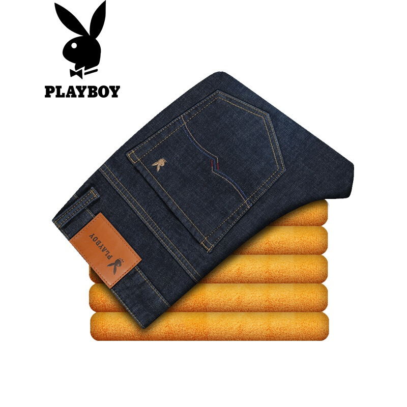 花花公子(PLAYBOY)牛仔裤男士加绒加绒加厚修身直筒宽松秋冬款男裤小脚裤子