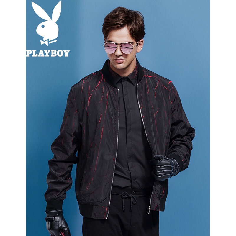 花花公子(PLAYBOY)秋季新品时尚收口袖商务休闲条纹夹克衫修身个性男装外套