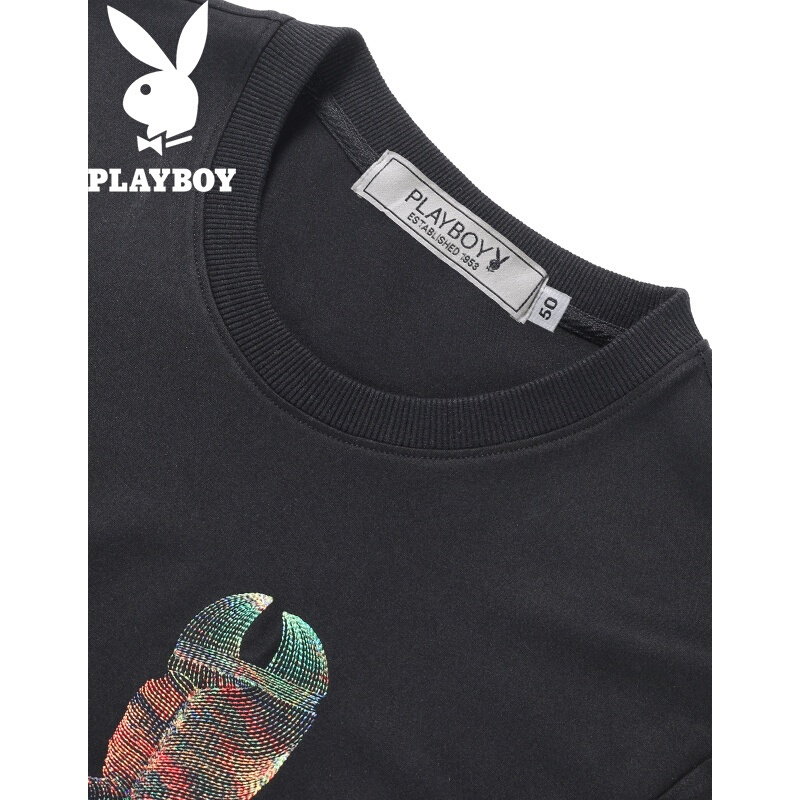 花花公子(playboy)印花t恤男时尚个性青年长袖男圆领黑色简约打底男士